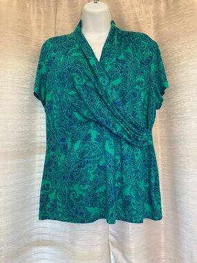 Liz Claiborne Draped V-Neck Paisley Short Sleeve Top - green navy Blue size Lg.